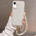 For iPhone XR Shell Texture Crossbody Pearl Chain TPU Hybrid Acrylic Phone Case(White)