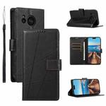 For Sharp Aquos Sense7 Plus PU Genuine Leather Texture Embossed Line Phone Case(Black)