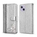 For iPhone 15 Plus Glitter Powder Butterfly Leather Phone Case(Silver)