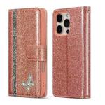 For iPhone 16 Pro Max Glitter Powder Butterfly Leather Phone Case(Rose Gold)