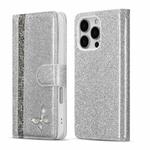 For iPhone 16 Pro Max Glitter Powder Butterfly Leather Phone Case(Silver)