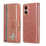 For iPhone 16 Plus Glitter Powder Butterfly Leather Phone Case(Rose Gold)