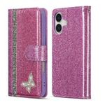 For iPhone 16 Plus Glitter Powder Butterfly Leather Phone Case(Rose Red)