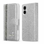 For iPhone 16 Plus Glitter Powder Butterfly Leather Phone Case(Silver)