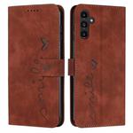 For Samsung Galaxy A15 Skin Feel Heart Embossed Leather Phone Case with Long Lanyard(Brown)