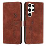 ForSamsung Galaxy S24 Ultra Skin Feel Heart Embossed Leather Phone Case with Long Lanyard(Brown)