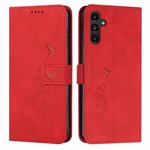 For Samsung Galaxy A55 Skin Feel Heart Embossed Leather Phone Case with Long Lanyard(Red)