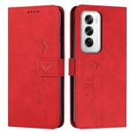 For OPPO Reno12 5G Global Skin Feel Heart Embossed Leather Phone Case with Long Lanyard(Red)