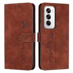 For OPPO Reno12 5G Global Skin Feel Heart Embossed Leather Phone Case with Long Lanyard(Brown)