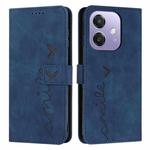 For OPPO A5x 5G Global Skin Feel Heart Embossed Leather Phone Case with Long Lanyard(Blue)