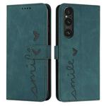 For Sony Xperia 1 V 2023 Skin Feel Heart Embossed Leather Phone Case with Long Lanyard(Green)