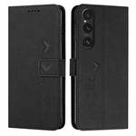 For Sony Xperia 1 V 2023 Skin Feel Heart Embossed Leather Phone Case with Long Lanyard(Black)