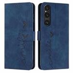 For Sony Xperia 1 V 2023 Skin Feel Heart Embossed Leather Phone Case with Long Lanyard(Blue)