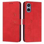 For Sony Xperia 5 V Skin Feel Heart Embossed Leather Phone Case with Long Lanyard(Red)
