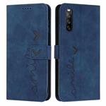 For Sony Xperia 10 V 2023 Skin Feel Heart Embossed Leather Phone Case with Long Lanyard(Blue)