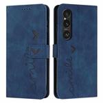 For Sony Xperia 1 VI Skin Feel Heart Embossed Leather Phone Case with Long Lanyard(Blue)