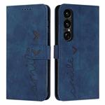 For Sony Xperia 1 VII Skin Feel Heart Embossed Leather Phone Case with Long Lanyard(Blue)