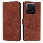 For Xiaomi 13T / Xiaomi 13T Pro Skin Feel Heart Embossed Leather Phone Case with Long Lanyard(Brown)