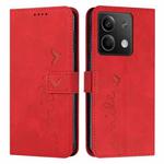 For Xiaomi Redmi Note 13 Skin Feel Heart Embossed Leather Phone Case with Long Lanyard(Red)