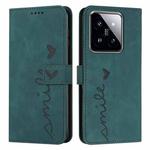 For Xiaomi 14 Skin Feel Heart Embossed Leather Phone Case with Long Lanyard(Green)