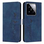 For Xiaomi 14 Skin Feel Heart Embossed Leather Phone Case with Long Lanyard(Blue)