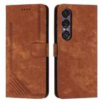 For Sony Xperia 1 VII Skin Feel Stripe Pattern Leather Phone Case with Lanyard(Brown)