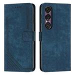 For Sony Xperia 1 VII Skin Feel Stripe Pattern Leather Phone Case with Lanyard(Blue)