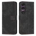 For Sony Xperia 1 VII Skin Feel Stripe Pattern Leather Phone Case with Lanyard(Black)