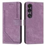 For Sony Xperia 1 VII Skin Feel Stripe Pattern Leather Phone Case with Lanyard(Purple)