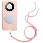 For Huawei Mate 60 Wheat MagSafe Magnetic Straw Material + TPU Phone Case with Lanyard(Pink)