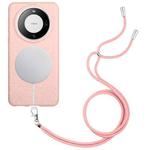 For Huawei Mate 60 Pro Wheat MagSafe Magnetic Straw Material + TPU Phone Case with Lanyard(Pink)