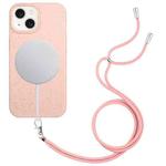 For iPhone 15 Plus Wheat MagSafe Magnetic Straw Material + TPU Phone Case with Lanyard(Pink)