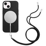 For iPhone 15 Plus Wheat MagSafe Magnetic Straw Material + TPU Phone Case with Lanyard(Black)