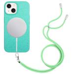 For iPhone 15 Wheat MagSafe Magnetic Straw Material + TPU Phone Case with Lanyard(Green)