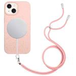 For iPhone 14 Wheat MagSafe Magnetic Straw Material + TPU Phone Case with Lanyard(Pink)