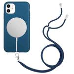 For iPhone 12 Wheat MagSafe Magnetic Straw Material + TPU Phone Case with Lanyard(Blue)