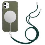 For iPhone 11 Wheat MagSafe Magnetic Straw Material + TPU Phone Case with Lanyard(Army Green)