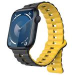 For Apple Watch Series 9 45mm Reverse Buckle Two Color Magnetic Silicone Watch Band(Black+Yellow)