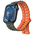 For Apple Watch Series 9 45mm Reverse Buckle Two Color Magnetic Silicone Watch Band(Olive Green+Orange)