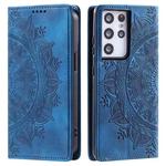 For Samsung Galaxy S21 Ultra 5G Totem Embossed Magnetic Leather Phone Case(Blue)