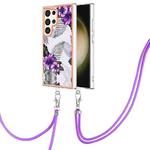 For Samsung Galaxy S24 Ultra 5G Electroplating Pattern IMD TPU Shockproof Case with Neck Lanyard(Purple Flower)