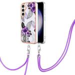For Samsung Galaxy S24 FE 5G Electroplating Pattern IMD TPU Shockproof Case with Neck Lanyard(Purple Flower)
