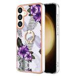For Samsung Galaxy S24+ 5G Electroplating Pattern IMD TPU Shockproof Case with Rhinestone Ring Holder(Purple Flower)