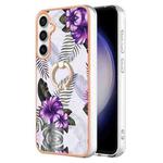 For Samsung Galaxy S24 FE 5G Electroplating Pattern IMD TPU Shockproof Case with Rhinestone Ring Holder(Purple Flower)