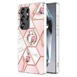 For Samsung Galaxy S25 Ultra 5G Electroplating Splicing Marble Flower Pattern TPU Shockproof Case with Rhinestone Ring Holder(Pink Flower)