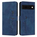 For Google Pixel 8a Skin Feel Heart Embossed Leather Phone Case with Long Lanyard(Blue)