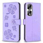 For Honor 90 Pro Four-leaf Embossed Leather Phone Case(Purple)