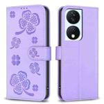 For Honor X7b Four-leaf Embossed Leather Phone Case(Purple)