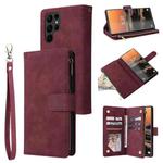 For Samsung Galaxy S23 Ultra 5G Multifunctional Frosted Zipper Wallet Leather Phone Case(Wine Red)