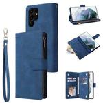 For Samsung Galaxy S22 Ultra 5G Multifunctional Frosted Zipper Wallet Leather Phone Case(Blue)